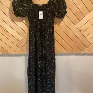 Black silky polka dot maxi dress